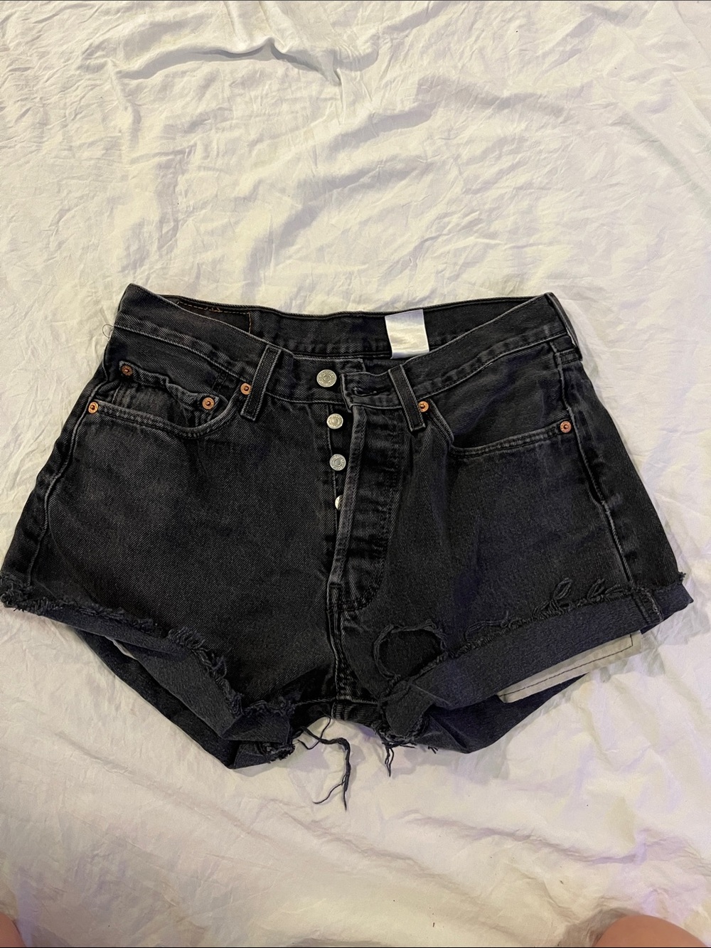 Levi's Black Distressed Button-Fly Denim Shorts